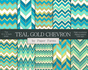 Teal gold chevron, digital paper, scrapbook paper, chevron, zig zags, backgrounds, gold, teal, turquoise, blue green, DIGITAL DOWNLOAD