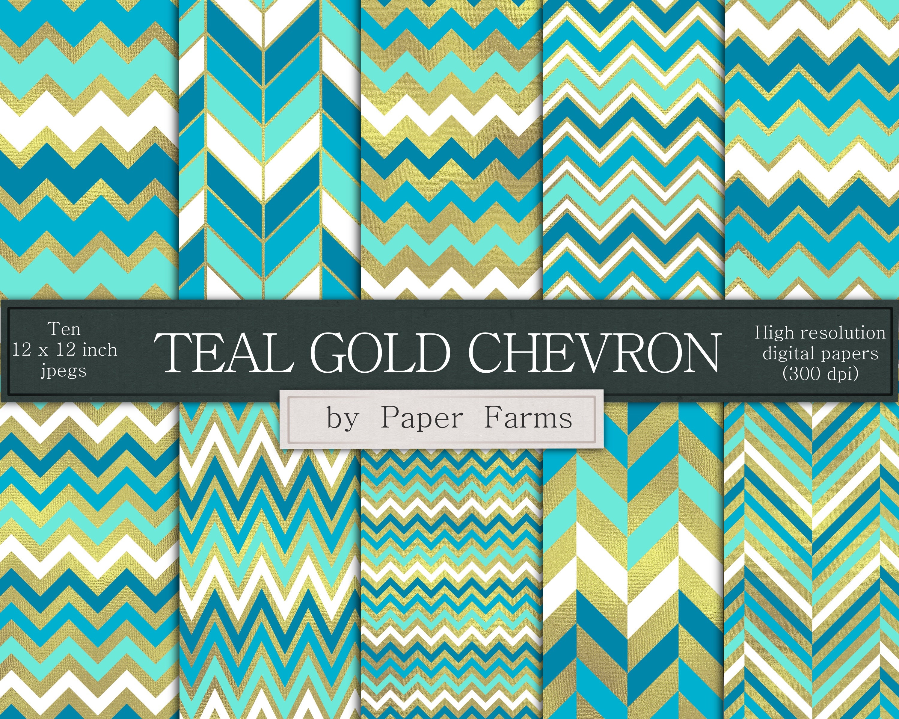 Teal Gold Chevron Digital Paper Scrapbook Paper Chevron | Etsy