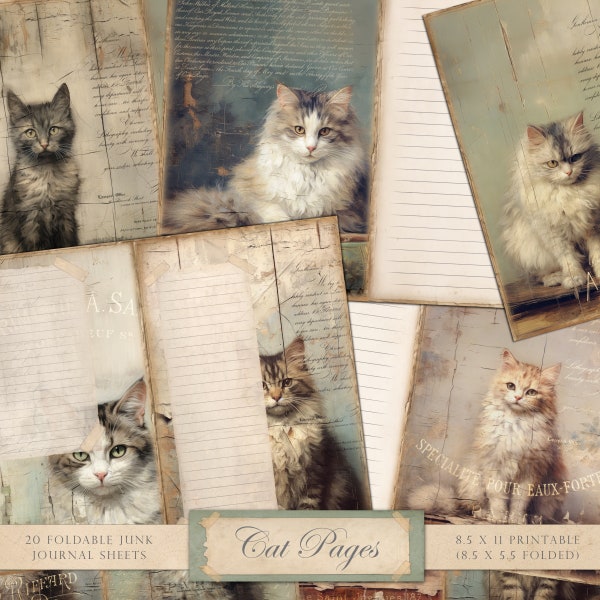 Cat junk journal pages, cat collage sheet, lined pages, vintage cat images, oil painting, shabby chic, junk journal, digital paper, DOWNLOAD