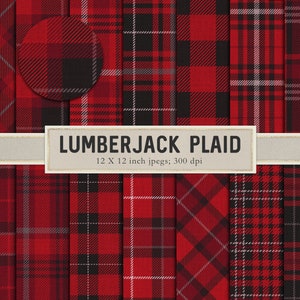 Puede incluir: Un conjunto de 12 patrones de papel digital con dise&ntilde;os de cuadros rojos, negros y blancos. Los patrones son de 30,48 x 30,48 cm y 300 dpi. "LUMBERJACK PLAID" est&aacute; escrito en letras doradas sobre una pancarta beige.