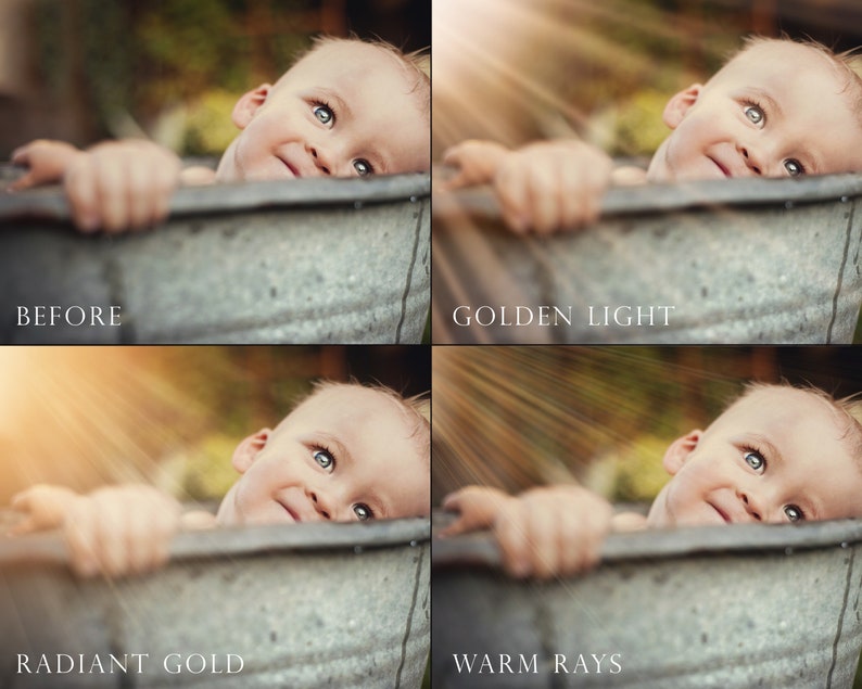Puede incluir: Un beb&eacute; en una ba&ntilde;era de metal, mirando hacia arriba con una sonrisa. La imagen muestra cuatro efectos de iluminaci&oacute;n diferentes: antes, luz dorada, oro radiante y rayos c&aacute;lidos.