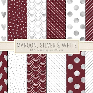 May include: Twelve digital paper patterns in maroon, silver, and white. The patterns include hearts, polka dots, waves, stripes, and circles.