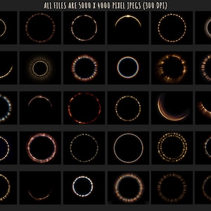 May include: A set of 36 digital light effects featuring glowing rings and crescents in various colors and styles. The effects are perfect for adding a touch of magic to your designs.