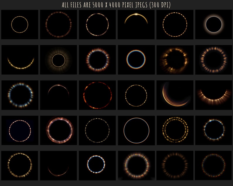 May include: A set of 36 digital light effects featuring glowing rings and crescents in various colors and styles. The effects are perfect for adding a touch of magic to your designs.