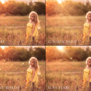Puede incluir: Una ni&ntilde;a con un vestido amarillo se encuentra de pie en un campo de hierba alta. La imagen muestra cuatro versiones diferentes de la misma foto, con la imagen original a la izquierda y tres efectos fotogr&aacute;ficos diferentes aplicados a la imagen a la derecha. Los efectos fotogr&aacute;ficos son "Golden Dust", "Sunny Bokeh" y "Lens Flare".