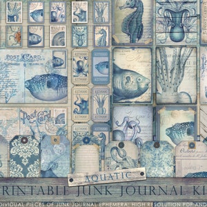 Puede incluir: Un kit de diario de chatarra imprimible con un tema acuático. El kit incluye 46 piezas individuales de efímeras, que incluyen imágenes de caballitos de mar, medusas y otras criaturas marinas. La efímera está impresa en tonos de azul y blanco sobre un fondo de papel texturizado. El kit es perfecto para agregar un toque de fantasía a tu diario de chatarra.
