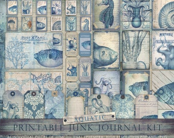 Printable junk journal kit, vintage, aquatic, underwater, octopus, squid, fish, ocean, sea, blue, collage sheets, wood, tags, ATC, DOWNLOAD