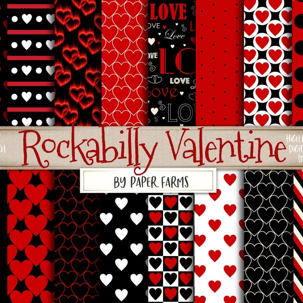 Rockabilly Valentine, digital paper, scrapbook paper, Valentine's Day, Black, red, white, love hearts, rockabilly, retro, vintage, DOWNLOAD