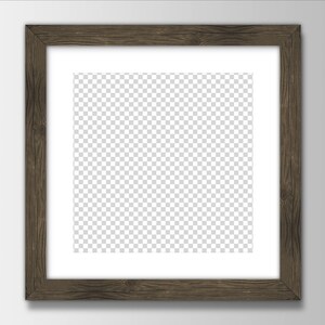 May include: A brown wooden picture frame with a white mount and a clear, transparent background.