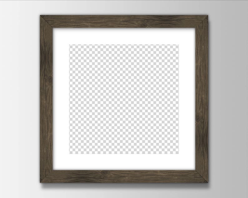 May include: A brown wooden picture frame with a white mount and a clear, transparent background.