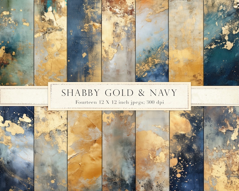 May include: Fourteen digital paper textures in a distressed gold and navy blue color scheme. The papers are 12 inches by 12 inches and 300 dpi.
