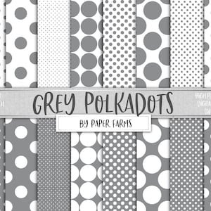 May include: A collection of sixteen digital papers with gray and white polka dot patterns. The designs vary in dot size and spacing, with some featuring large, evenly spaced dots and others with smaller, more densely packed dots. The text "GREY POLKADOTS" is displayed.