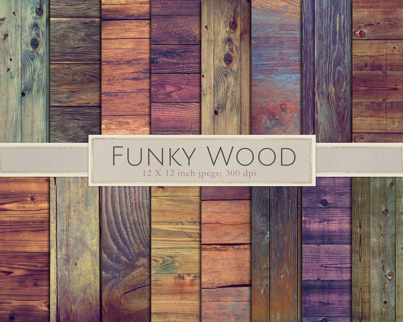 May include: A set of 12 digital wood textures in various shades of brown, blue, green, and purple. Each texture is 12 x 12 inches and 300 dpi. The textures are perfect for adding a rustic or vintage feel to your designs.
