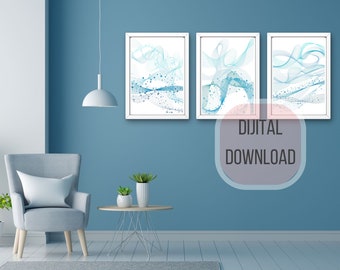 Ensemble d'art mural abstrait bleu marine moderne, impressions minimalistes imprimables pour le salon et la chambre à coucher, grand ensemble de 3 téléchargements numériques