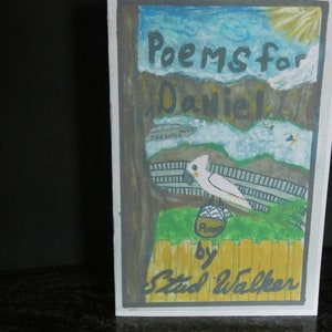 Op de afbeelding: Een boekomslag met een handgeschilderde illustratie van een witte vogel, een rivier en een zon. De titel van het boek is "Poems for Daniel" door "Stud Walker".