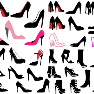 May include: A collection of various high-heeled shoes and boots in black, pink, and white. The image features different styles, including pumps, sandals, and ankle boots, with varying heel heights and designs. Some shoes have red soles.