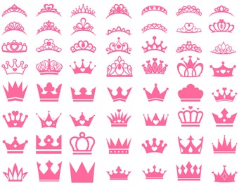 Puede incluir: Una colección de diseños de coronas y tiaras rosas en varios estilos. Las coronas presentan motivos de corazón, espiral y florales. La imagen es una ilustración gráfica plana sobre un fondo blanco.