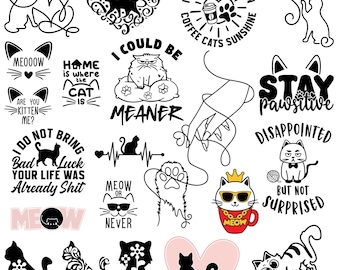 May include: A collection of black and white cat-themed designs. The image includes various cat illustrations, text, and graphics. Some designs feature phrases like "Stay Pawsitive" and "Not Today." The overall theme is related to cats and feline-related products.
