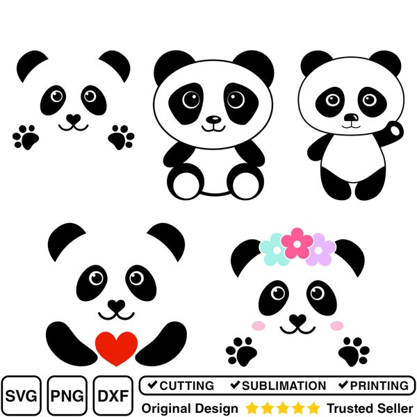 Panda SVG, SVG de visage de panda, tête de panda mignon SVG, pour Cricut, pour la Silhouette, couper des fichiers, svg, png, dxf