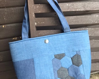 Recycled denim Tote Bag, Lunch Bag, Shopping Bag, Handbag, Work Bag, with handstitched patchwork panel,denim patchwork bag