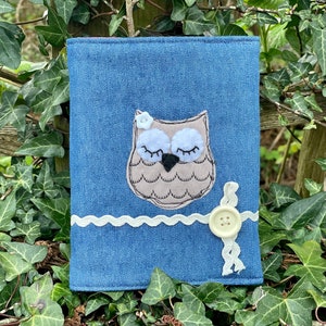 Denim journal, handmade journal, fabric journal, ,Owl notebook, teacher gift, student gift, birthday gift for owl lover, recycled denim gift