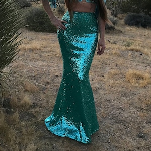 Aqua Sequin Maxi Skirt - High Waist Trumpet/Mermaid