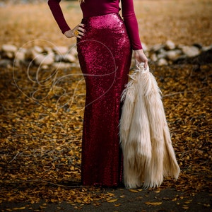 Burgundy Sequin Maxi Skirt - High Waist Trumpet/Mermaid