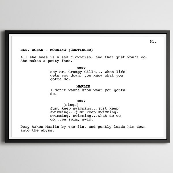 Finding Nemo "Just Keep Swimming" Screenplay POSTER! (up to 24" x 36") - Film - Movie - Writing - Fish - Inspirational - Dory - Marlin - Art