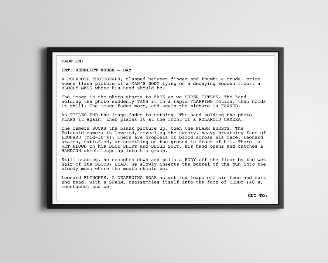 Memento Screenplay Art Print: Christopher Nolan Film, Thriller Movie ...