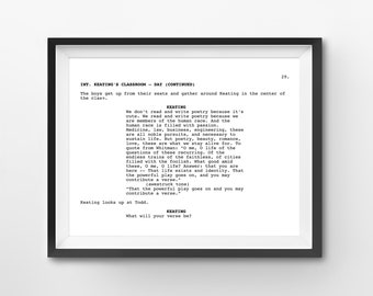 Scenariusz filmu Stowarzyszenie Umarłych Poetów „Wiersz” (8x10 do pobrania w wersji cyfrowej) – Wydrukuj w domu – Minimalistyczny – Film – Film – Prezent – Scenariusz