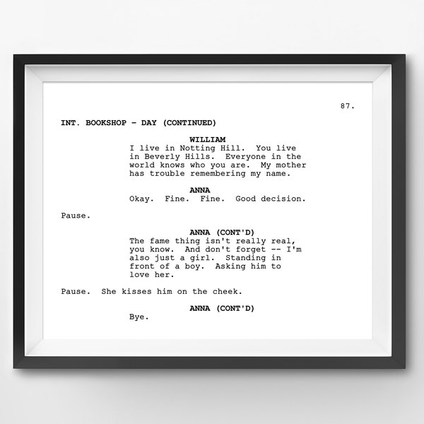 Notting Hill Screenplay Scene (8x10 Digital Download) - Print at Home - Hugh Grant - Julia Roberts - Romantic - Film - Art - Script