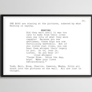Dead Poets Society - Screenplay Movie Poster (up to 24&quot; x 36&quot;) - Robin Williams - Script - Art - Film - Carpe Diem - Motivational - Dorm