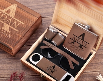 Groomsmen Gifts Set, Personalized Flask, Sunglasses in Custom Groomsmen Gift Box, Groomsmen Proposal Gift, Best Man Gift, Groomsman Flask