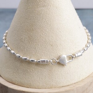 Sterling Silver Rice Bead Bracelet with Heart Clasp, Custom Initial Jewelry for Women