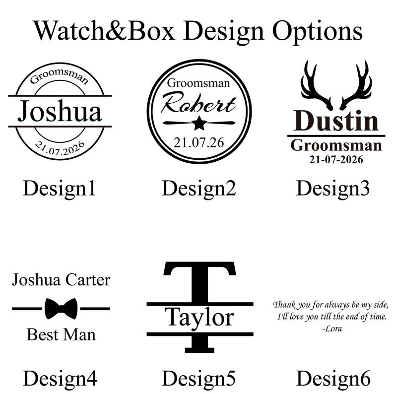 K&ouml;nnte beinhalten: Bild mit sechs Designoptionen f&uuml;r Uhren und Boxen. Die Designs umfassen Namen, Daten und Titel wie "Groomsman" und "Best Man" mit dekorativen Elementen wie Geweihen und Fliegen. Der Text enth&auml;lt "Watch & Box Design Options."