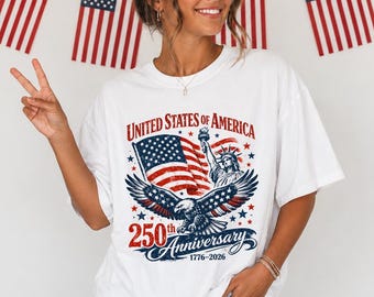T-shirt USA 250 ans, T-shirt patriotique, T-shirt couleurs confort, Chemise 4 juillet, Parade du 4 juillet, Tenue de la fête de l'indépendance, T-shirt patriotique