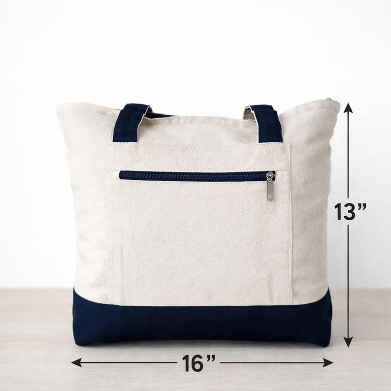 Pu&ograve; includere: Borsa tote in tela color crema con dettagli blu navy. Ha una tasca con cerniera e manici blu navy. La borsa misura 40.6 cm di larghezza e 33 cm di altezza.