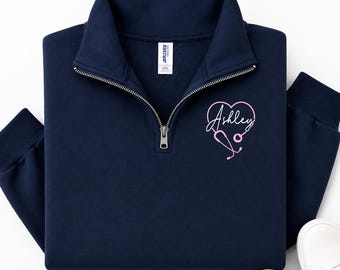 Nurse Quarter Zip Sweatshirt, Nurse Heart Sweatshirt, Personalized RN Gift, Custom Name Nurse Sweatshirt, Nursing School Graduation Gift