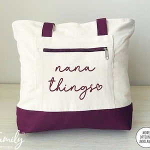 Nana Things - Zippered Tote Bag - CUSTOM Name Bag - Two Tone Bag - New Nana Gift