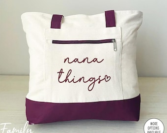 Nana Things - Zippered Tote Bag - CUSTOM Name Bag - Two Tone Bag - New Nana Gift
