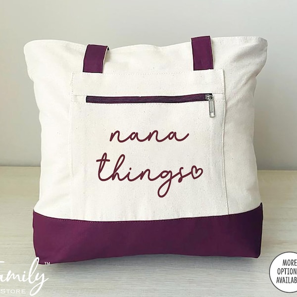 Nana Things - Zippered Tote Bag - CUSTOM Name Bag - Two Tone Bag - New Nana Gift