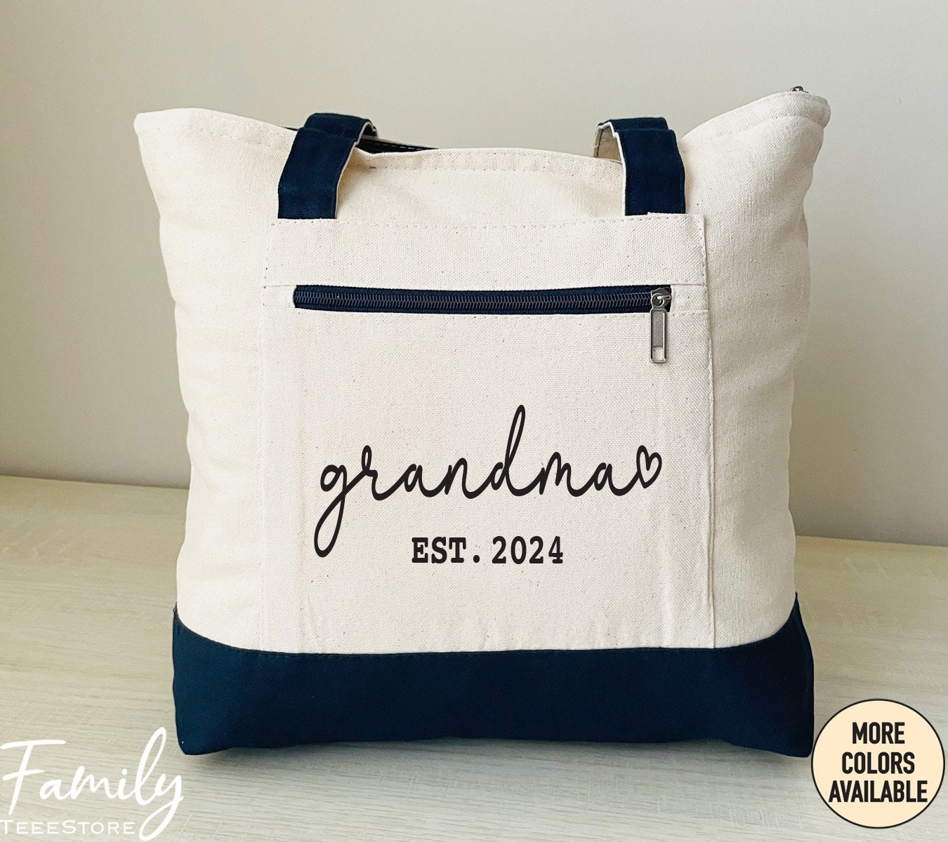 ee イー GRANDMA TOTE BEIGE Grandma Est. Year, Two Tone Bag, Zippered Tote Bag, New Grandma