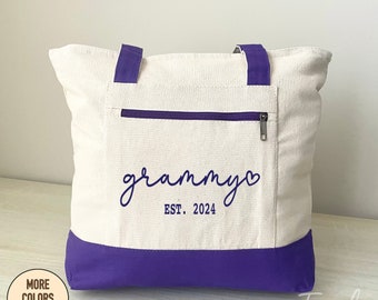 Grammy Est. Year, Two Tone Bag, Zippered Tote, New Grammy Gift, Grammy To Be Gift, Personalized Grandma Bag, Mother's Day Gift