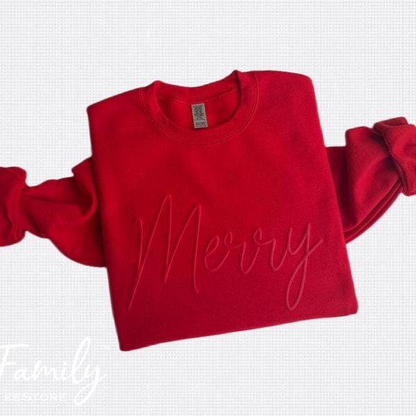 Merry Sweatshirt, Embossed Christmas Sweatshirt, Puff Print Christmas Crewneck, Holiday Sweater, Christmas Gift