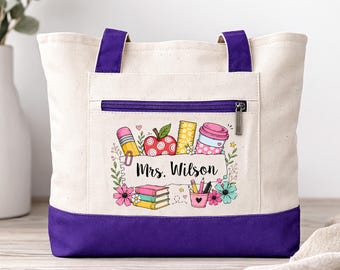 Sac fourre-tout à fermeture éclair pour enseignant, fourre-tout personnalisé pour enseignant, cadeau prénom personnalisé pour enseignant, rentrée des classes