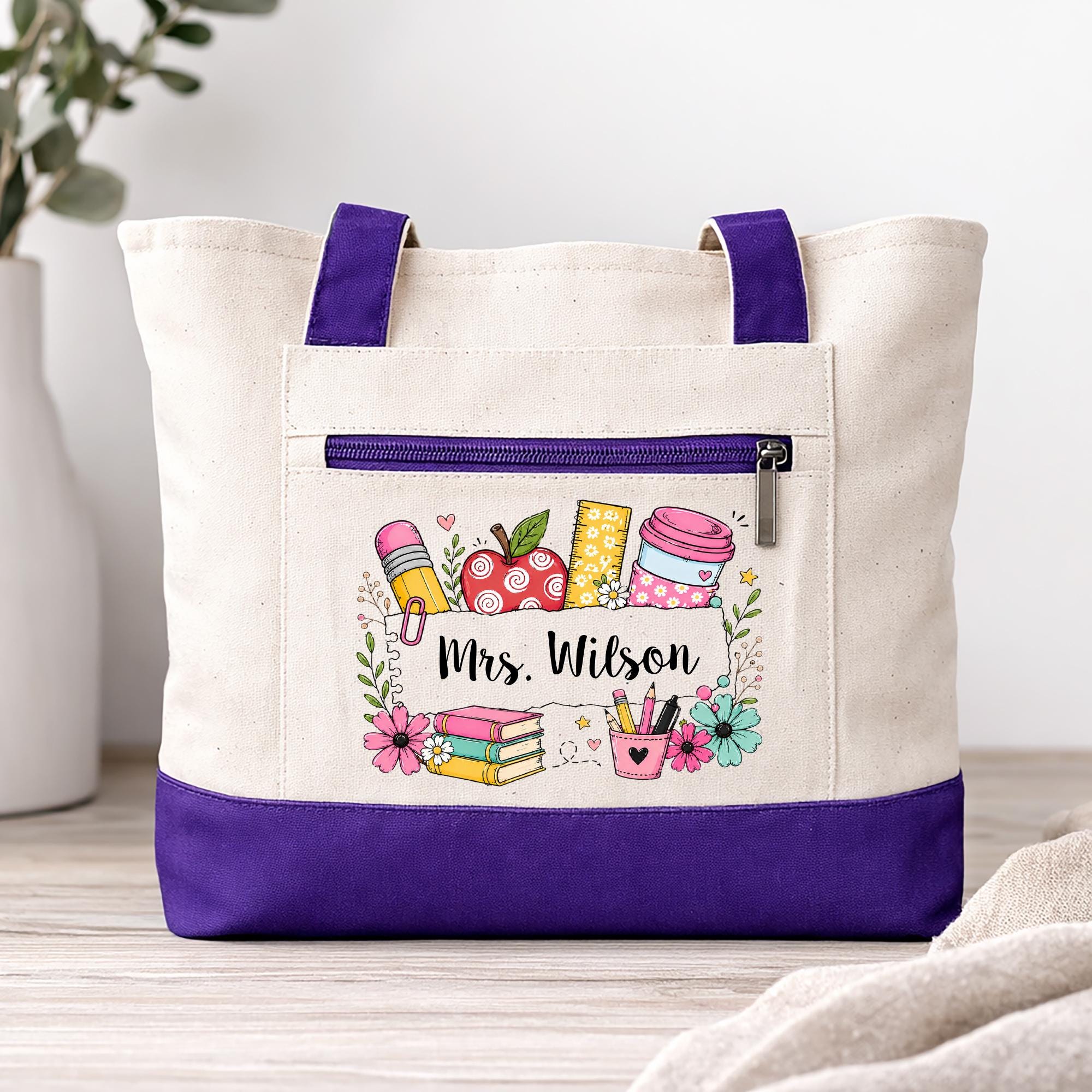 Teacher Zippered Tote Bag, Personalized Teacher Tote, Custom Name ...