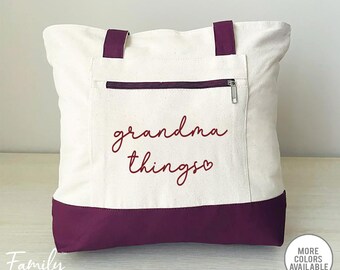 Grandma Things Bag - Zippered Tote Bag - Personalized Tote Bag For Grandma - Two Tone Bag - New Grandma Gift