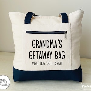 Grandma's Getaway Visit Hug Spoil Repeat - Zippered Tote Bag - CUSTOM  Bag - Two Tone Bag - Funny Grandma Gift