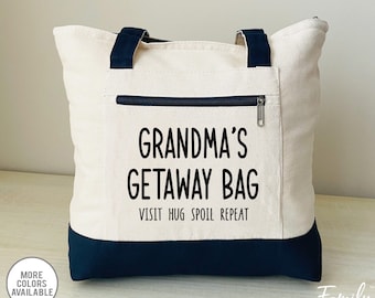 Grandma Bag, Grandma's Getaway Visit Hug Spoil Repeat, Zippered Tote, Personalized Bag, Two Tone Bag