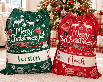 Personalized Christmas Santa Sack, Custom Name Jumbo Christmas Eve Bag